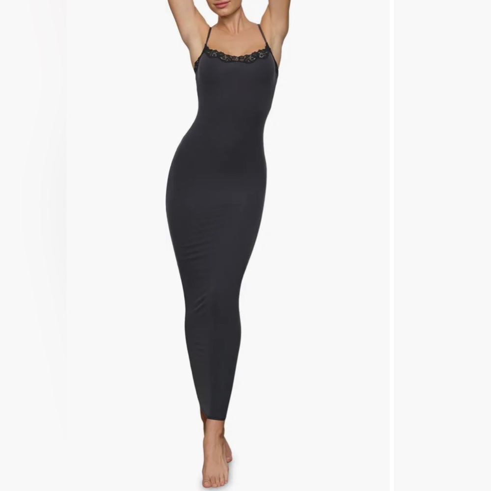 SKIMS Black Lace Trim Long Slipdress